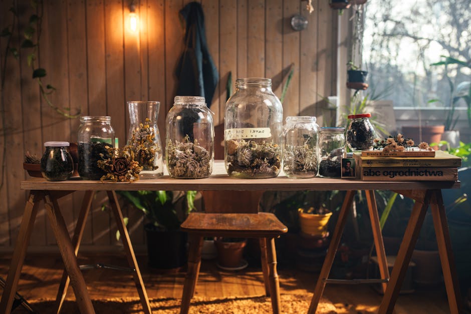 A warm indoor scene featuring various plants, jars, and books on a wooden table, perfect for a botanical enthusiast.