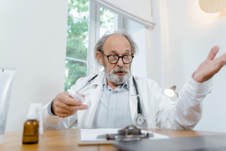 Senior doctor in discussion holding a syringe at a medical office, conveying expertise and care.