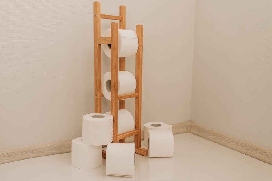 Neatly stacked toilet paper rolls on a bamboo rack in a minimalist bathroom corner.