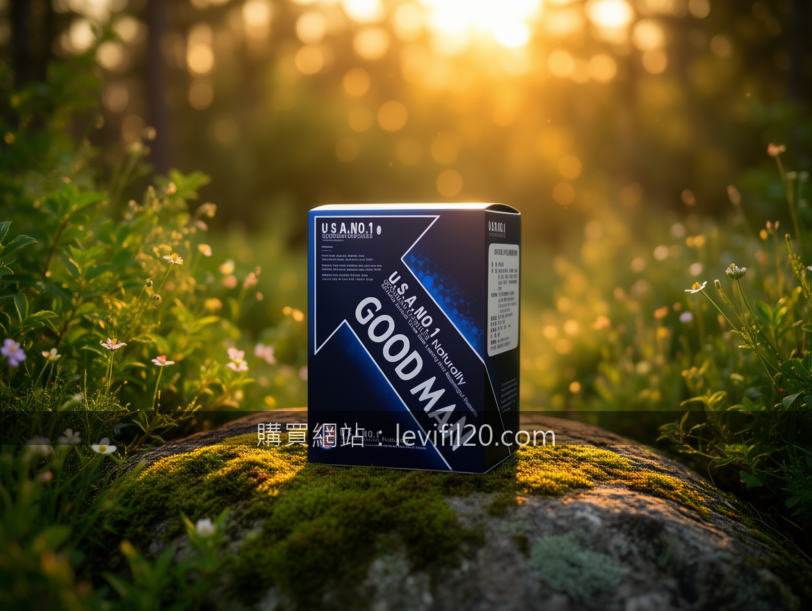 GOLDEN HOUR OUTDOOR with natural bokeh. Place the GOODMAN CAPSULES box (约15x10x5